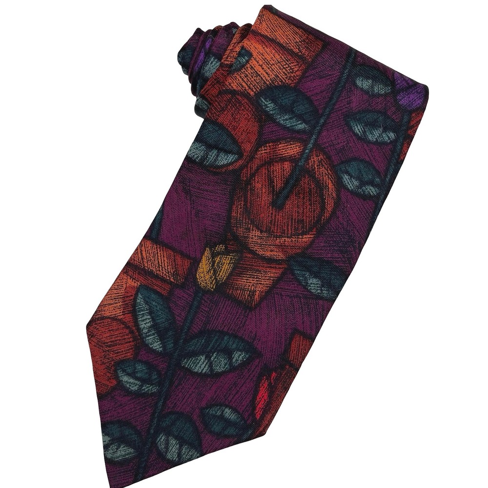 Vintage Perry Ellis Silk Tie Necktie Purple Potted Plants Botanical Artistic